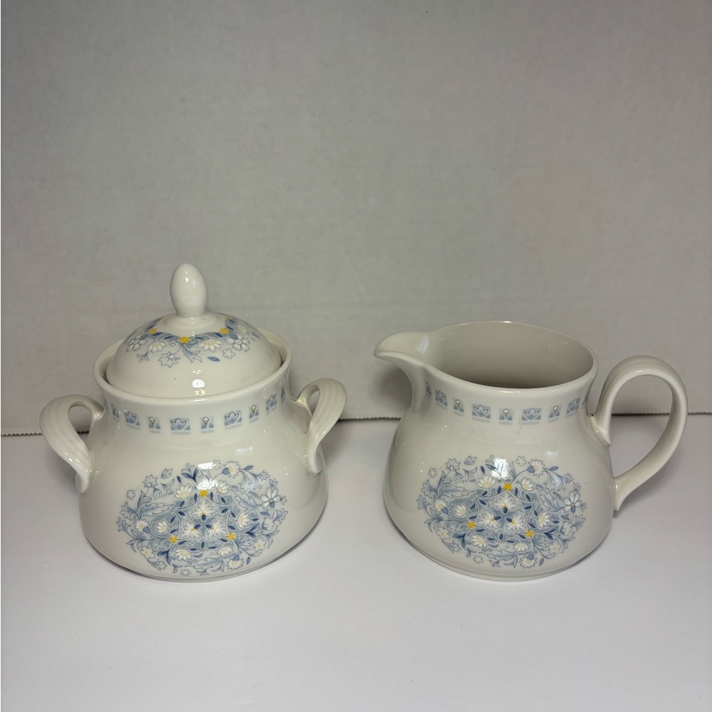 Royal Doulton Blue Floral Sugar Bowl With Lid and Creamer Set Grannycore